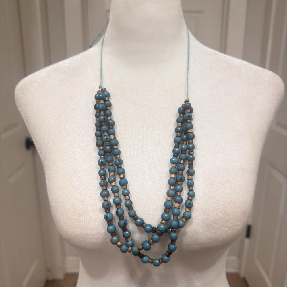 Blue Acai Beaded Necklace Boho Triple Strand Long Teal Natural Vibes Vintage‎